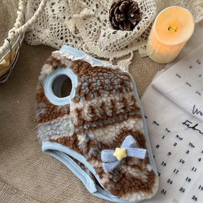 A cozy pet sweater vest in a brown, beige, and gray striped sherpa fleece, featuring light blue trim, a lace trim, and a small knitted blue bow with a yellow star. The vest is styled on a burlap fabric background with a candle, crochet blanket, and calendar page.
