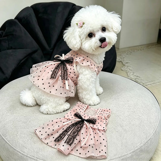 A small white dog wearing a pink polka-dot pet dress with black bows, sitting on a round gray cushion indoors, with the dress laid flat in front.