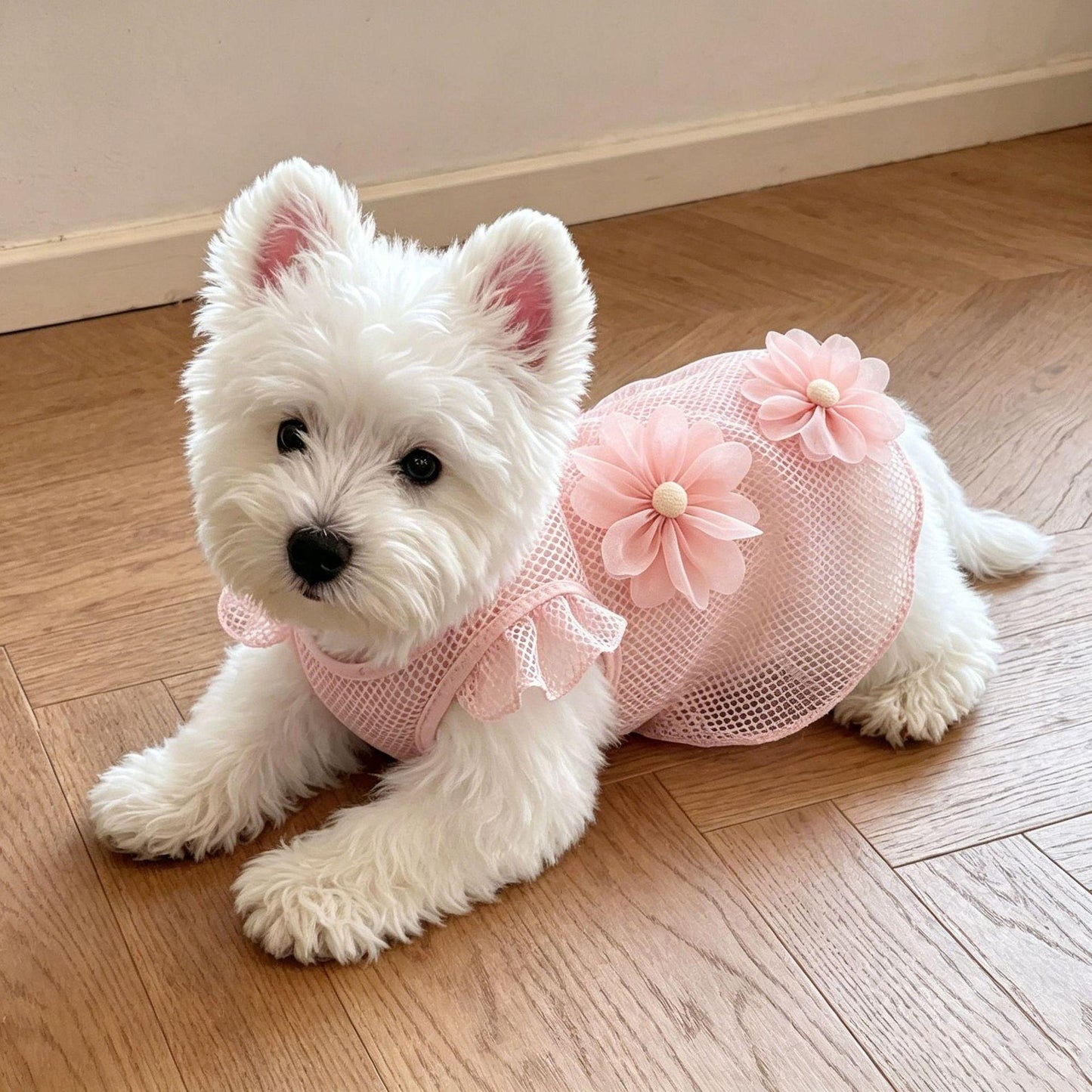 A small white dog lying on a wooden floor wearing a pink mesh pet dress with ruffle trim and two fabric flowers.
