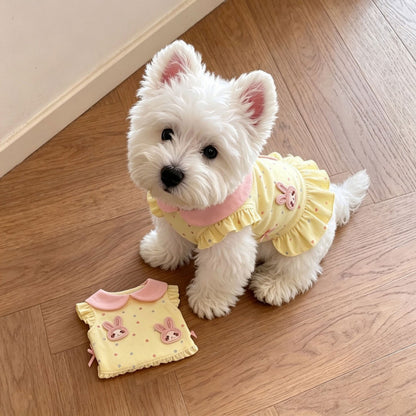 A small white dog wearing a yellow ruffled pet dress with bunny graphics sits on a wooden floor next to a folded view of the same dress.