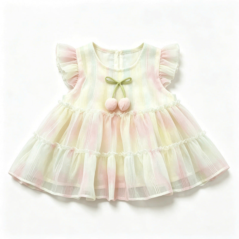 A sleeveless dogdress with ruffled flutter sleeves and a tiered tulle skirt in pastel rainbow stripes of pink, yellow, and green. The front features a green bow and a 3D cherry decoration.