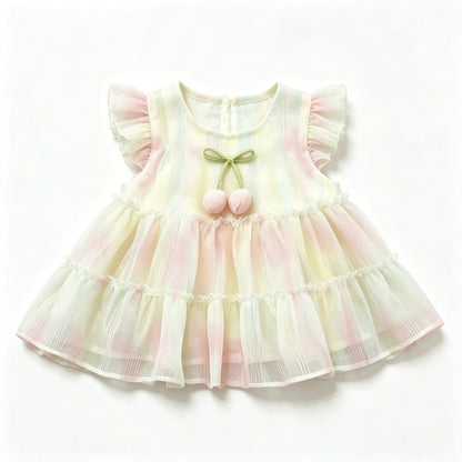 A sleeveless dogdress with ruffled flutter sleeves and a tiered tulle skirt in pastel rainbow stripes of pink, yellow, and green. The front features a green bow and a 3D cherry decoration.